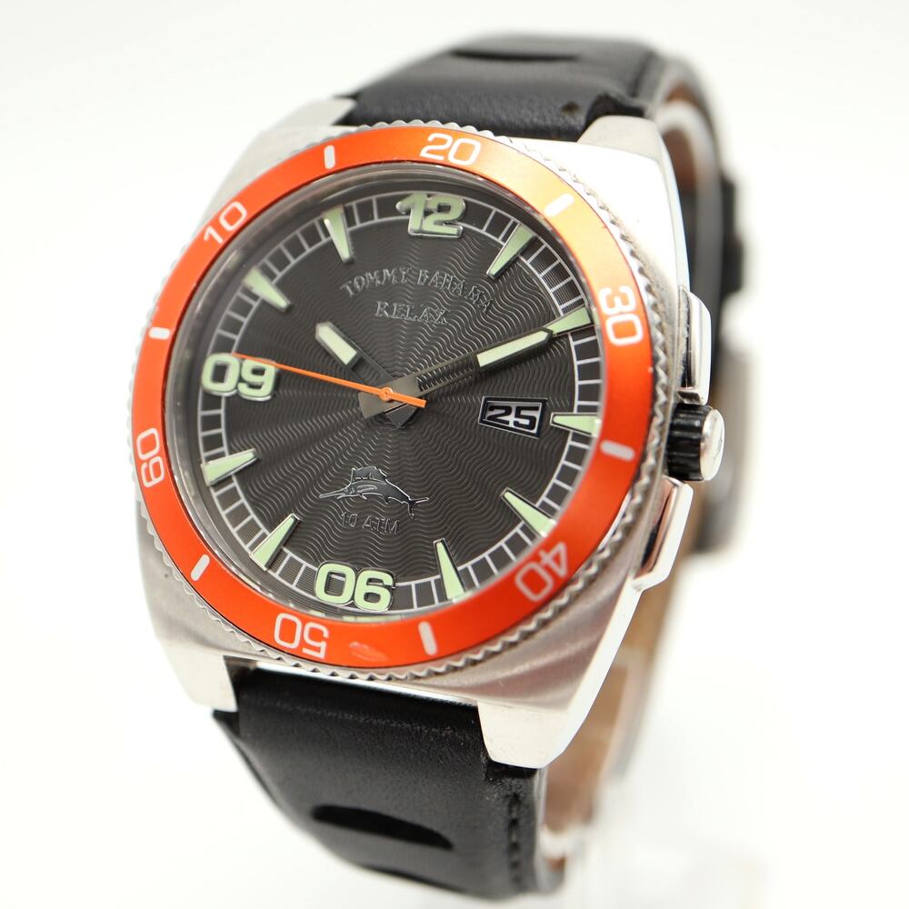 Tommy Bahama Relax Diver 41mm Watch Date Black Leather Silver Orange New Battery